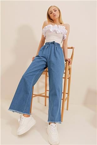 Kadın Koyu Mavi Paçası Püsküllü Yüksek Bel Palazzo Jean Pantolon ALC-X8930
