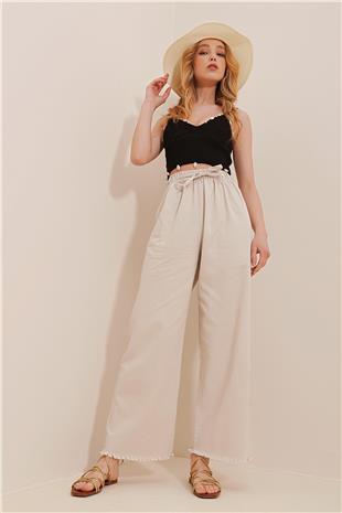 Kadın Bej Paçası Püsküllü Yüksek Bel Palazzo Jean Pantolon ALC-X8930