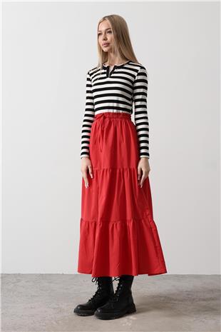 Kadın Kırmızı Pamuklu Beli Lastikli Etek VS00432