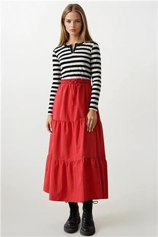 Kadın Kırmızı Pamuklu Beli Lastikli Etek VS00432