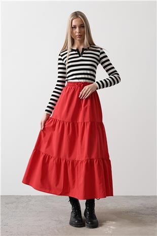 Kadın Kırmızı Pamuklu Beli Lastikli Etek VS00432