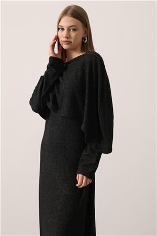 Kadın Antrasit Pelerin Detaylı Uzun Kollu Yumoş Triko Maxi Elbise VS01150