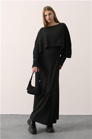 Kadın Antrasit Pelerin Detaylı Uzun Kollu Yumoş Triko Maxi Elbise VS01150