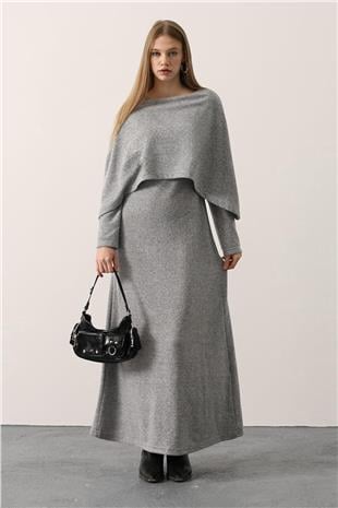 Kadın Gri Pelerin Detaylı Uzun Kollu Yumoş Triko Maxi Elbise VS01150