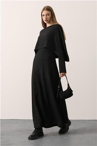 Kadın Antrasit Pelerin Detaylı Uzun Kollu Yumoş Triko Maxi Elbise VS01150