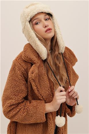 Kadın Bej Peluş Kulaklıklı Yumoş Şapka ALC-A2427