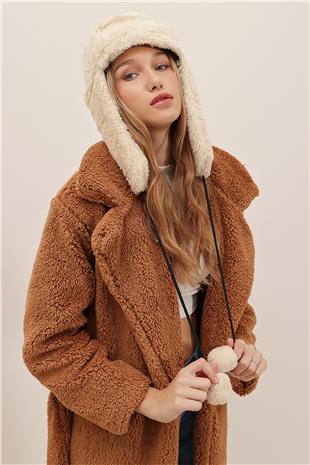 Kadın Bej Peluş Kulaklıklı Yumoş Şapka ALC-A2427