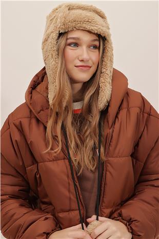 Kadın Bisküvi Peluş Kulaklıklı Yumoş Şapka ALC-A2427