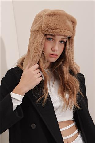 Kadın Kahverengi Peluş Kulaklıklı Yumoş Şapka ALC-A2427