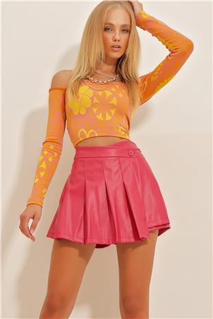 Kadın Fuşya Pilise Detaylı Fermuarlı Suni Deri Mini Şort Etek ALC-X10772
