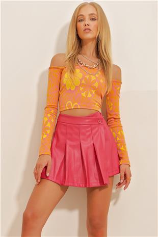 Kadın Fuşya Pilise Detaylı Fermuarlı Suni Deri Mini Şort Etek ALC-X10772