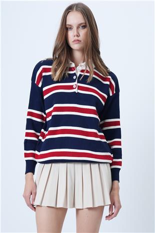 Kadın Lacivert Polo Yaka Çizgili Triko Kazak VS01029