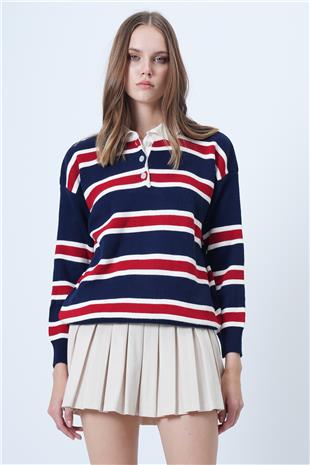 Kadın Lacivert Polo Yaka Çizgili Triko Kazak VS01029