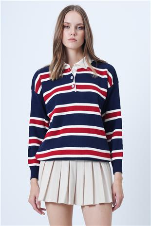 Kadın Lacivert Polo Yaka Çizgili Triko Kazak VS01029