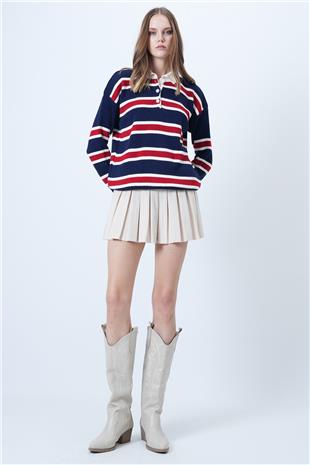 Kadın Lacivert Polo Yaka Çizgili Triko Kazak VS01029