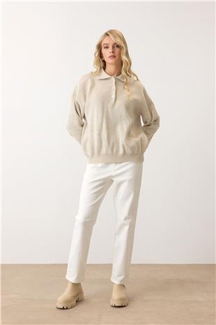 Kadın Bej Polo Yaka Düğmeli Triko Kazak VS00919