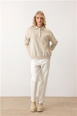 Kadın Bej Polo Yaka Düğmeli Triko Kazak VS00919