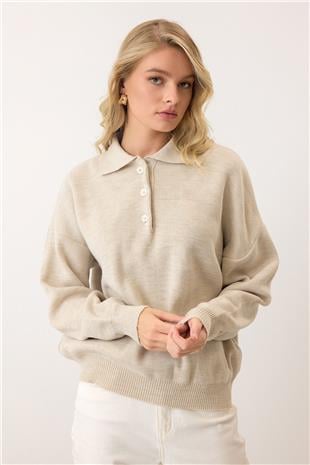 Kadın Bej Polo Yaka Düğmeli Triko Kazak VS00919