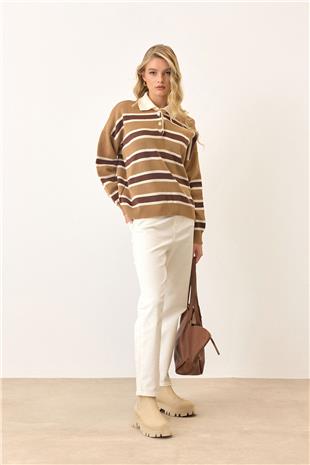 Kadın Bej Polo Yaka Düğmeli Triko Kazak VS00890