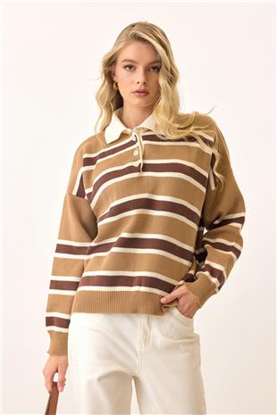 Kadın Bej Polo Yaka Düğmeli Triko Kazak VS00890