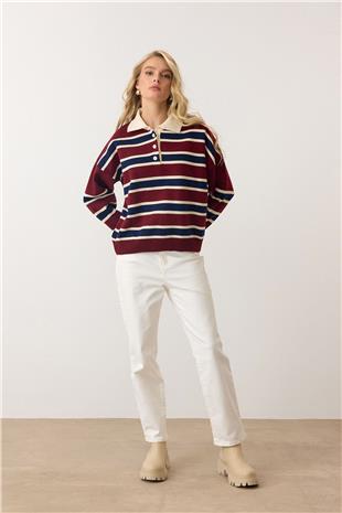 Kadın Bordo Polo Yaka Düğmeli Triko Kazak VS00890