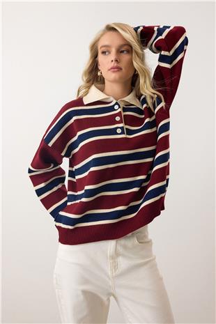 Kadın Bordo Polo Yaka Düğmeli Triko Kazak VS00890