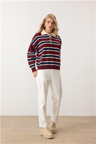 Kadın Bordo Polo Yaka Düğmeli Triko Kazak VS00890