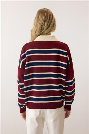 Kadın Bordo Polo Yaka Düğmeli Triko Kazak VS00890