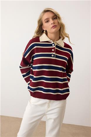 Kadın Bordo Polo Yaka Düğmeli Triko Kazak VS00890