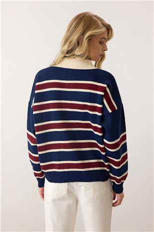 Kadın Lacivert Polo Yaka Düğmeli Triko Kazak VS00890