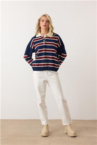 Kadın Lacivert Polo Yaka Düğmeli Triko Kazak VS00890