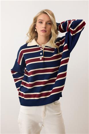 Kadın Lacivert Polo Yaka Düğmeli Triko Kazak VS00890