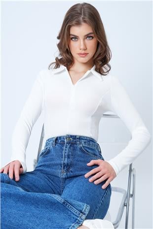 Kadın Beyaz Polo Yaka Gizli Fermuarlı Ottoban Bluz VS01188