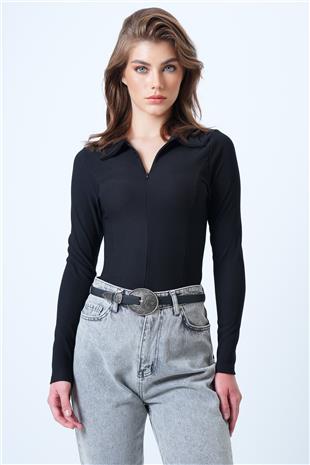 Kadın Siyah Polo Yaka Gizli Fermuarlı Ottoban Bluz VS01188