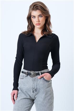 Kadın Siyah Polo Yaka Gizli Fermuarlı Ottoban Bluz VS01188