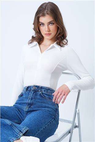 Kadın Beyaz Polo Yaka Gizli Fermuarlı Ottoban Bluz VS01188