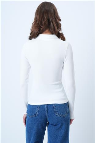 Kadın Beyaz Polo Yaka Gizli Fermuarlı Ottoban Bluz VS01188