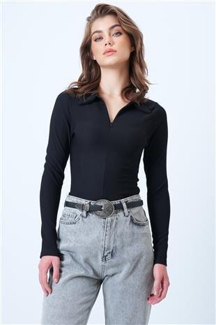 Kadın Siyah Polo Yaka Gizli Fermuarlı Ottoban Bluz VS01188