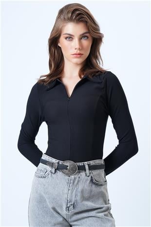 Kadın Siyah Polo Yaka Gizli Fermuarlı Ottoban Bluz VS01188