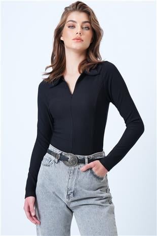 Kadın Siyah Polo Yaka Gizli Fermuarlı Ottoban Bluz VS01188
