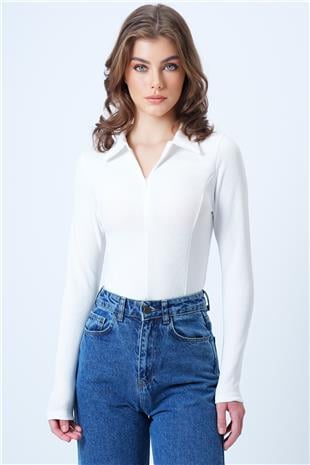 Kadın Beyaz Polo Yaka Gizli Fermuarlı Ottoban Bluz VS01188