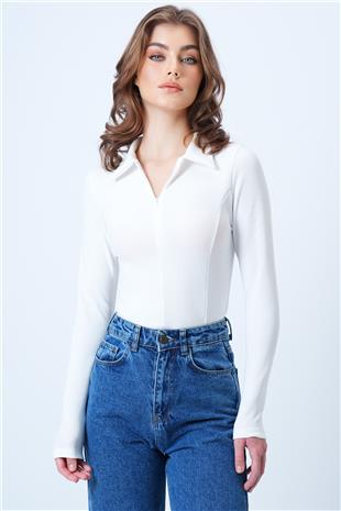 Kadın Beyaz Polo Yaka Gizli Fermuarlı Ottoban Bluz VS01188