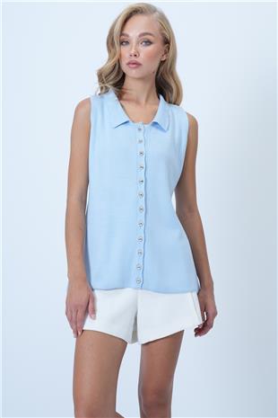 Kadın Mavi Polo Yaka Gold Düğmeli Triko Yelek ALC-X14453