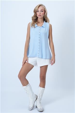 Kadın Mavi Polo Yaka Gold Düğmeli Triko Yelek ALC-X14453