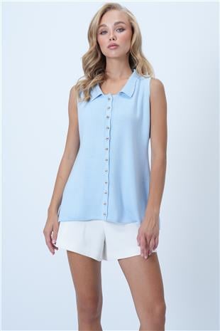 Kadın Mavi Polo Yaka Gold Düğmeli Triko Yelek ALC-X14453