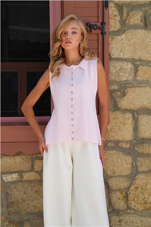 Kadın Pembe Polo Yaka Gold Düğmeli Triko Yelek ALC-X14453