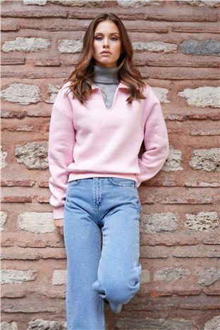 Kadın Pembe Polo Yaka İçi Şardonlu 3 İplik Sweatshirt VS01216