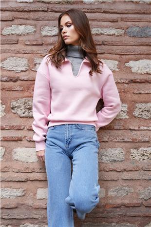 Kadın Pembe Polo Yaka İçi Şardonlu 3 İplik Sweatshirt VS01216