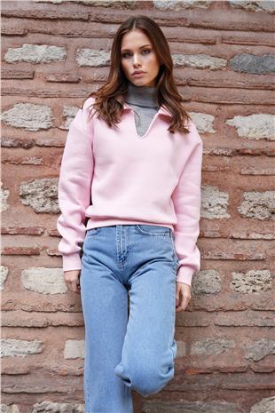 Kadın Pembe Polo Yaka İçi Şardonlu 3 İplik Sweatshirt VS01216