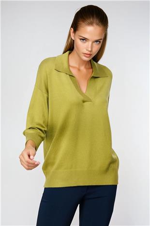 Kadın Yeşil Polo Yaka Uzun Kollu Bluz VS00959